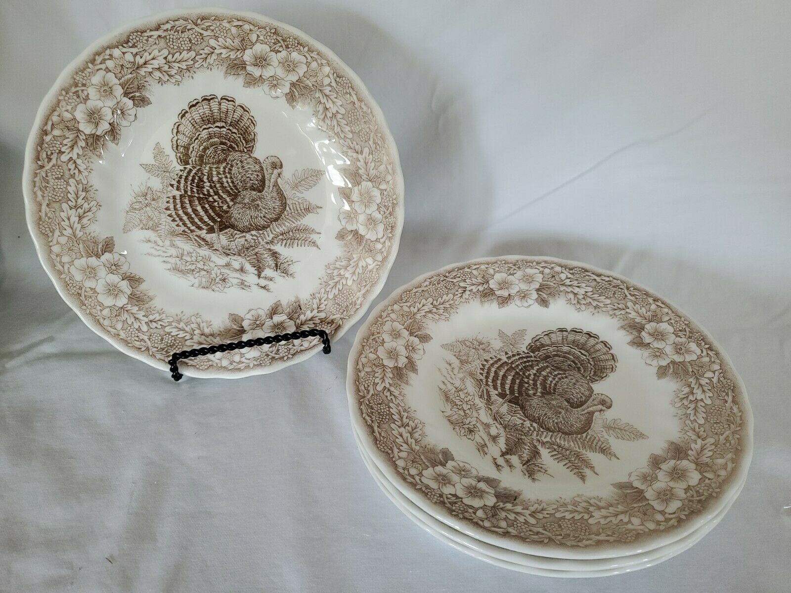 Queens Myott Factory outlets Thanksgiving Turkey (5) 8” Dessert Plates w/Sugar & Creamer